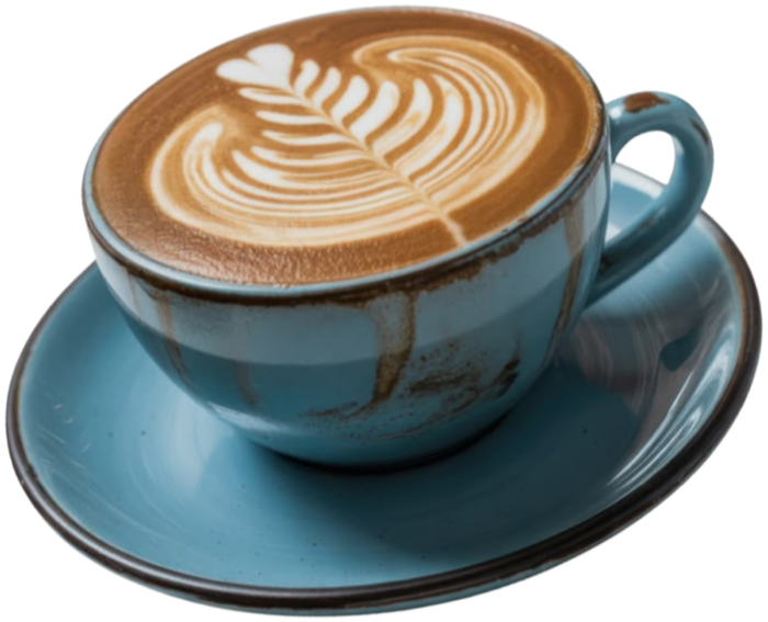 A latte in a blue cup
